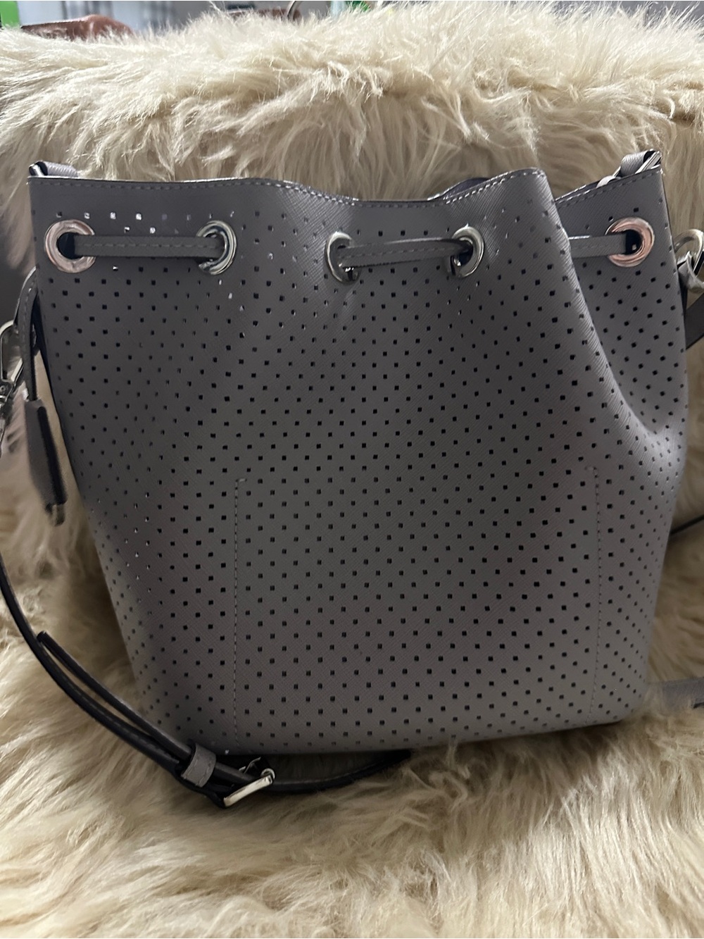 Michael Kors Perforated Drawstring Bucket Bag in Gray - Picture 3 of 5